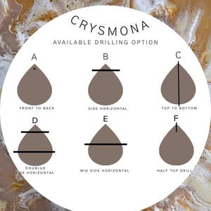 May include: A white circular graphic with the text "CRYSMONA" and "AVAILABLE DRILLING OPTION". The graphic shows six teardrop shapes with different drilling options labeled A through F, including "FRONT TO BACK" and "SIDE HORIZONTAL".