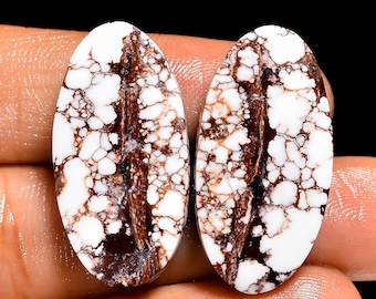 Par de cabochões de jaspe cavalo selvagem com base plana e cristais polidos em ambos os lados.
