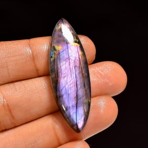 Può includere: Una gemma lucida e allungata con un vibrante gioco di colori. La pietra mostra un mix di tonalità viola, blu e oro, con motivi interni visibili. La gemma è tenuta in una mano su uno sfondo scuro.