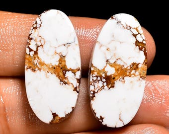 Par de cabochões de jaspe cavalo selvagem com base plana e cristais polidos em ambos os lados.
