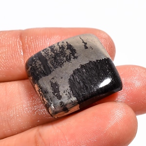 May include: A polished, rectangular gemstone with a striking contrast of black and grey hues. The stone's surface is divided, with a glossy black section and a textured, grey section. The gemstone is held in a hand, showcasing its natural beauty.