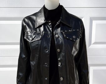 Black Faux Leather Crop Studded Trucker Jacket M Goth Metal Punk Biker Jr-s.com