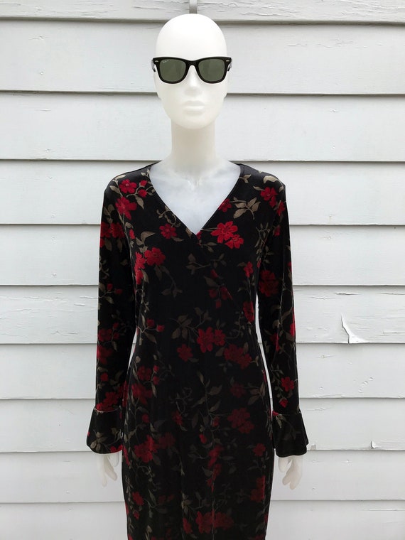 80s Black Velvet Bell Sleeve Floral Dress Medium P