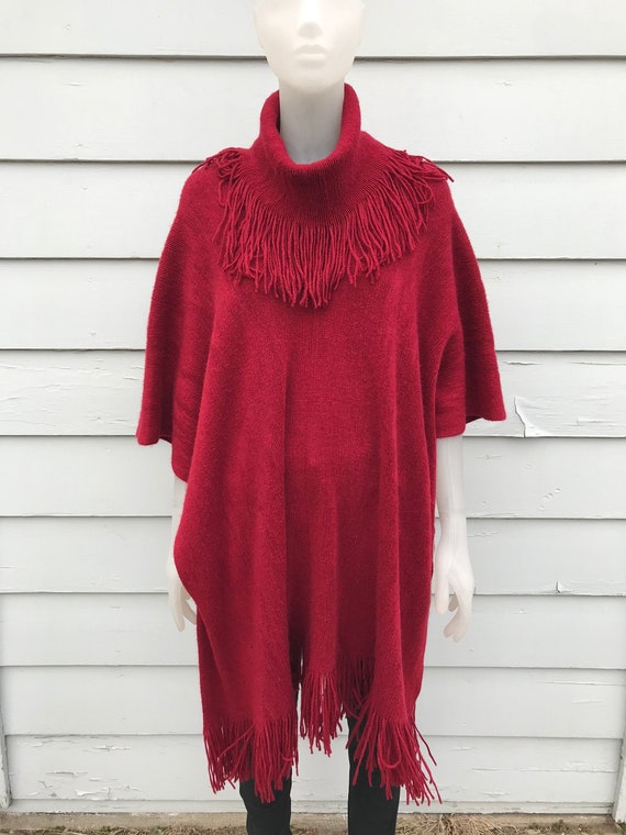 Red Chenille Turtleneck Fringe Tassel Poncho Cape
