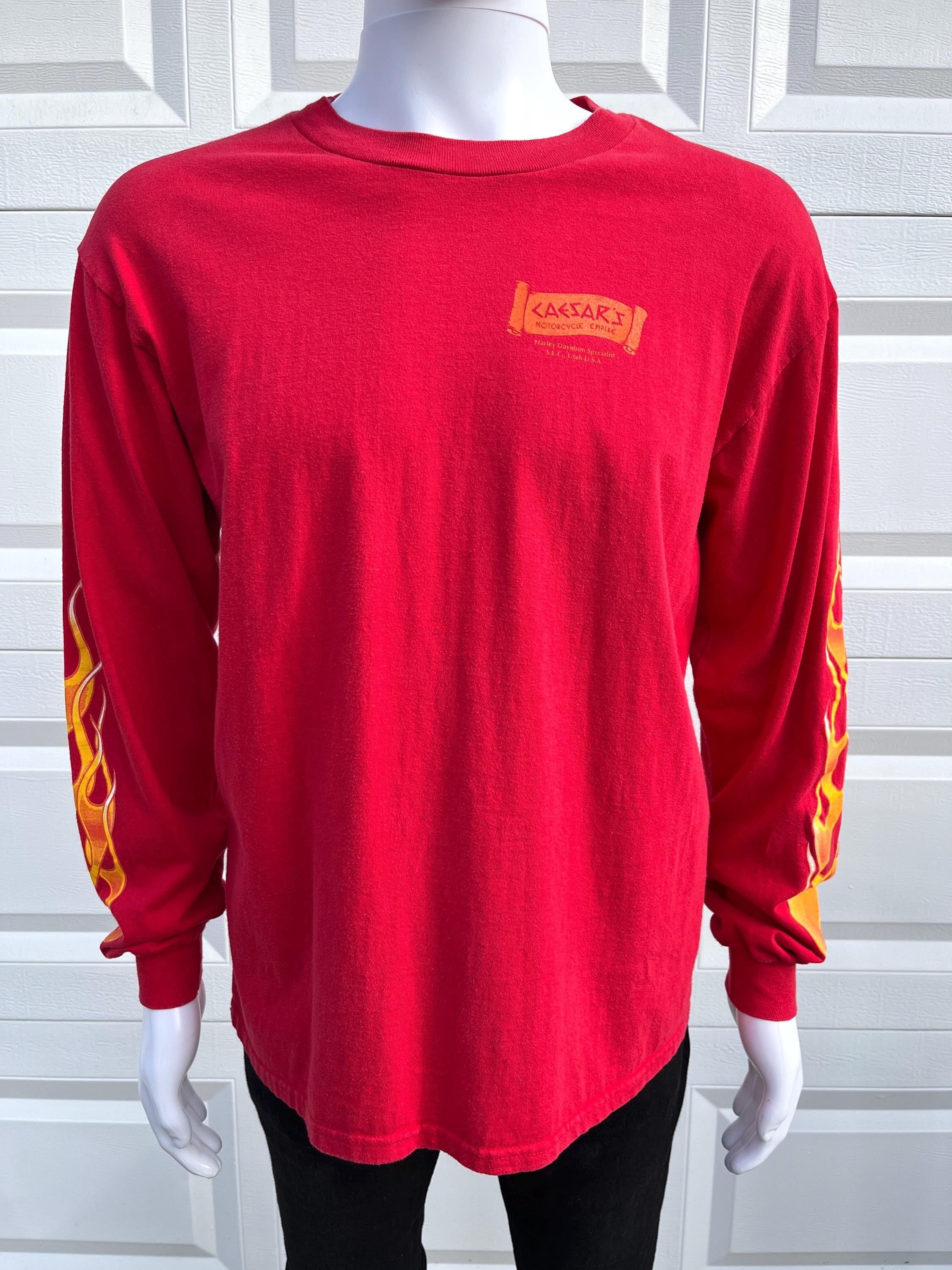 Red Flames Long Sleeve T Shirt L Caesar's Motorcycle Harley