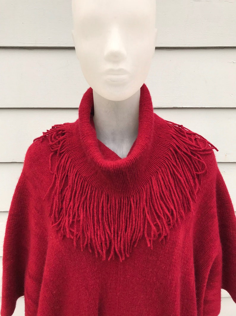 Red Chenille Turtleneck Fringe Tassel Poncho Cape Western - Etsy