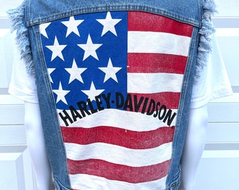 HD Collections VTG 90s Harley-Davidson American Flag Painted Denim Fringe Vest M Biker Punk Metal Goth Sturgis