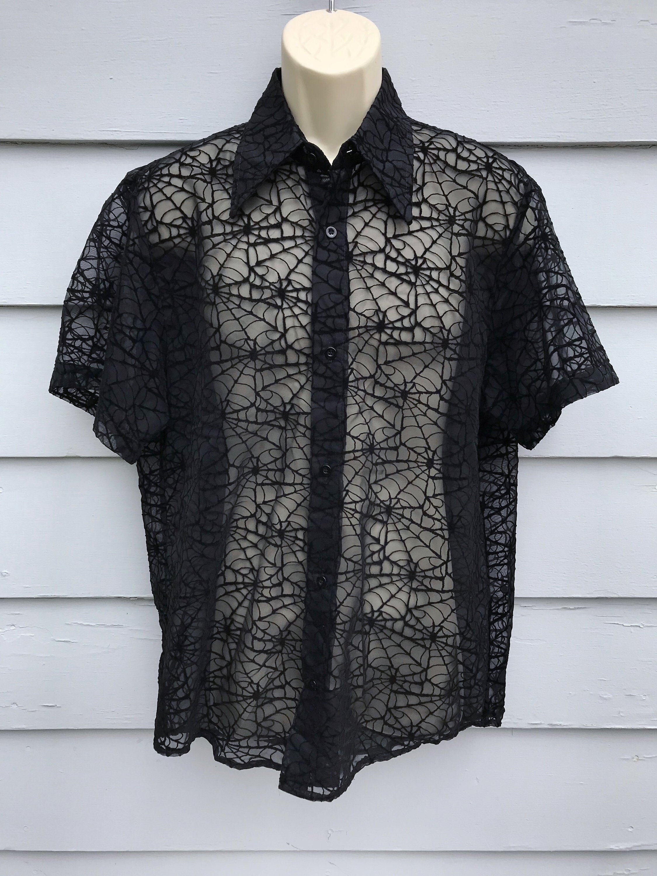 VTG Morbid Threads Black Spiderweb Sheer Mesh Button Shirt Goth 