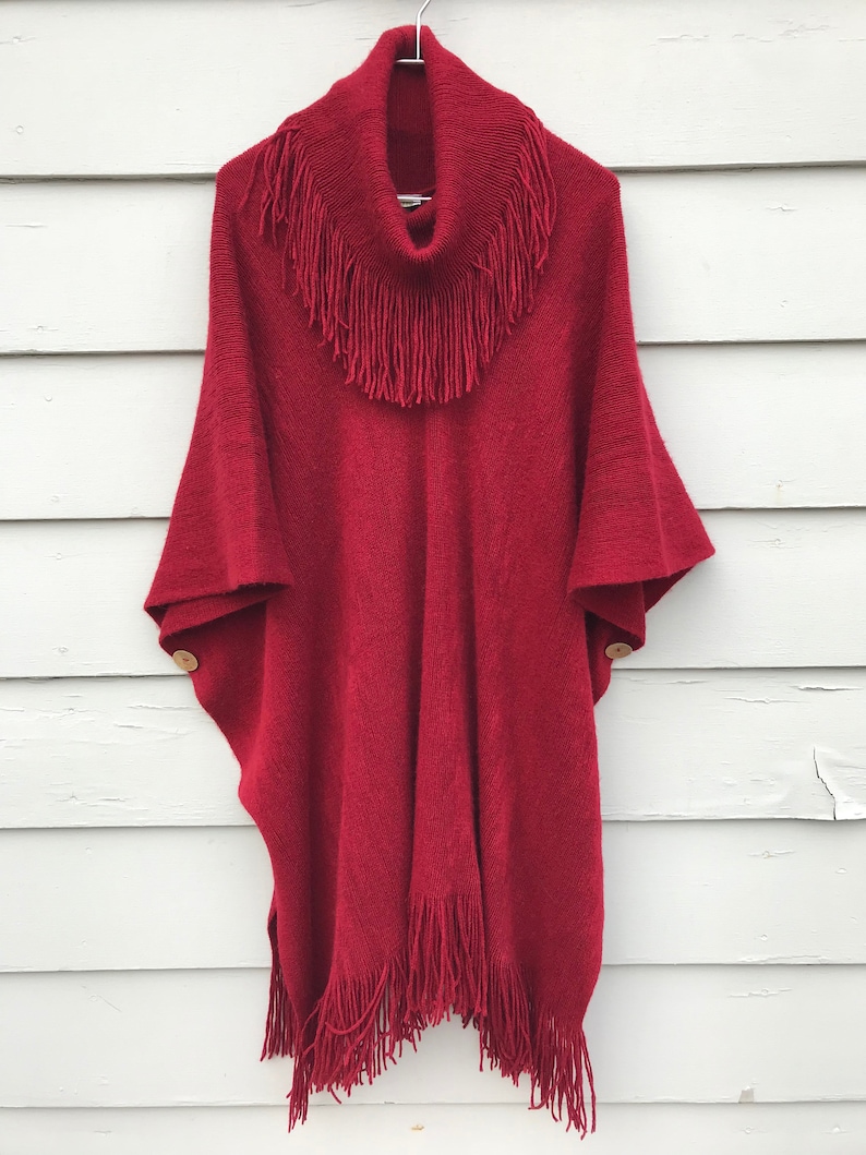 Red Chenille Turtleneck Fringe Tassel Poncho Cape Western - Etsy