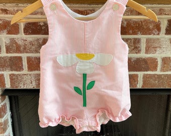 Vintage baby girls flower applique lined bubble romper pink/white stripes size 2T