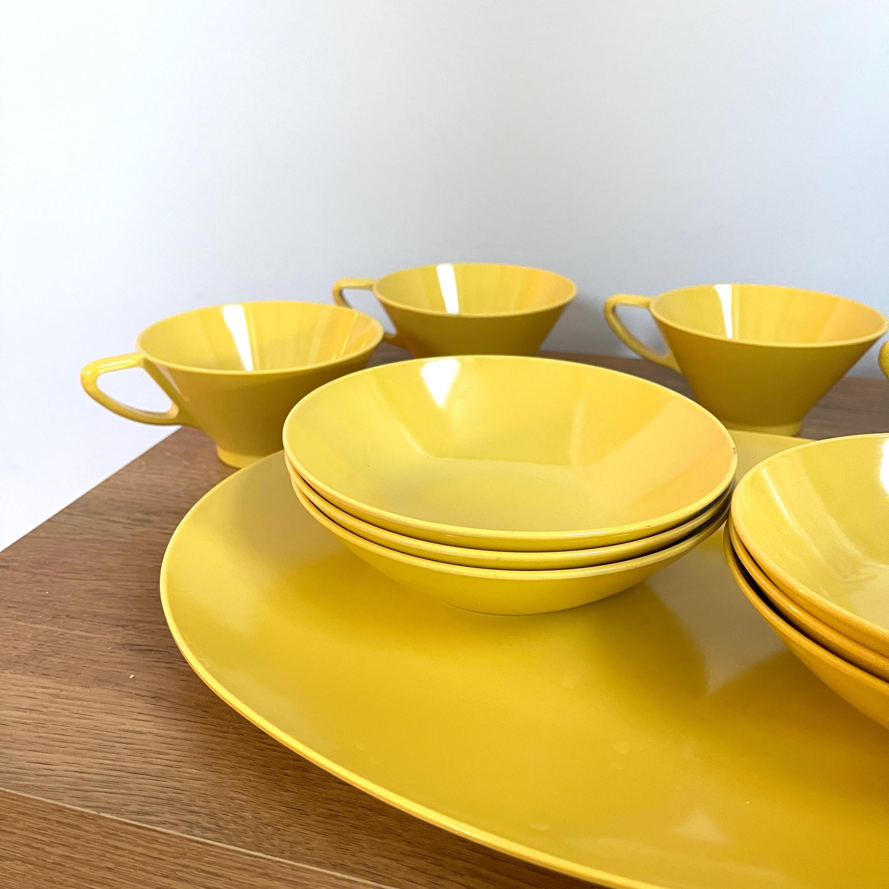 Melmac Mid Century Modern Yellow Melamine Cups, Bowls, & Serving