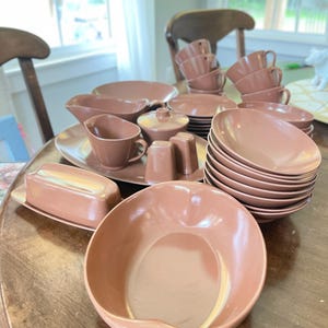 Melmac Mid Century Modern yellow melamine cups, bowls, & serving tray- 50s mustard yellow 11p  set/Light Mocha Brown 41p set-Kitsch home