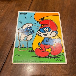 Vintage 1982 Playskool  Wood Board Tray Puzzle Papa Smurf Good News 12 pc