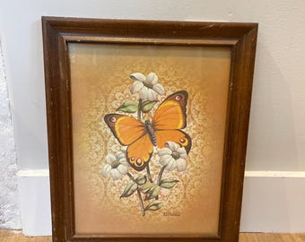 Framed Tom Wood Print Lithograph of butterfly and flower(10x14) /Framed Size 13 3/8 x 16 3/8”