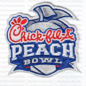 May include: Embroidered patch with the Chick-fil-A logo in red and white, and the words "PEACH BOWL" in white on a blue banner. The patch has a silver and blue design, with the words "BOWL" and "TM" visible.