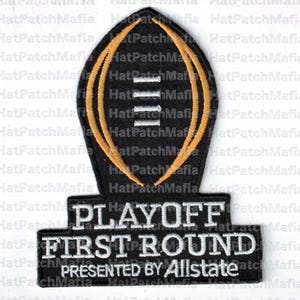May include: Black patch with a gold-outlined American football shape and white stripes. Below, a rectangular patch displays "PLAYOFF FIRST ROUND" in white text, with "PRESENTED BY Allstate" below.