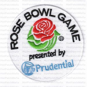 May include: A circular patch with the text "ROSE BOWL GAME" in black, encircling a red rose with green foliage. The words "presented by Prudential" appear below, with the Prudential logo in blue.