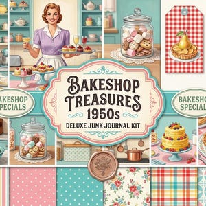 May include: A digital collage sheet titled "Bakeshop Treasures 1950s Deluxe Junk Journal Kit." The image features vintage illustrations of baking scenes, baked goods, and decorative elements in a retro style. Includes tags with "Sweet Treats" and "Bakeshop Specials."