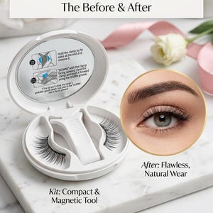 Könnte beinhalten: Ein weißes, kompaktes magnetisches Wimpern-Set mit einem Paar falscher Wimpern und einem weißen Applikatorwerkzeug. Das Set ist geöffnet und zeigt den Inhalt. Der Text lautet "Premium Magnetyc Lash Kit The Before & After". Eine Nahaufnahme eines Auges wird gezeigt.