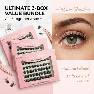 Könnte beinhalten: Drei rosa Schachteln mit KSYOO-Cluster-Wimpern, bei denen schwarze Wimpernsegmente durch Sichtfenster erkennbar sind. Der Text lautet ULTIMATE 3-BOX VALUE BUNDLE. Ein roségoldenes Applikator-Werkzeug liegt neben einem Auge mit applizierten Wimpern.