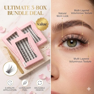 Puede incluir: Tres cajas rosas de pestañas en racimo individuales etiquetadas como Ultimate 3-Box Bundle Deal, una herramienta aplicadora dorada y un primer plano de un ojo con pestañas aplicadas. El texto incluye 5-Minute Application, Ultralight Feel, Reusable Design y Value.