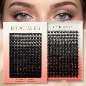 Pode incluir: Uma caixa de cílios individuais KSYOO LASHES com embalagem em degradê de pêssego para branco. O conjunto inclui várias fileiras de cílios pretos com comprimentos rotulados de 8mm a 16mm. O texto KSYOO LASHES e DIY Individual Eyelashes é visível.