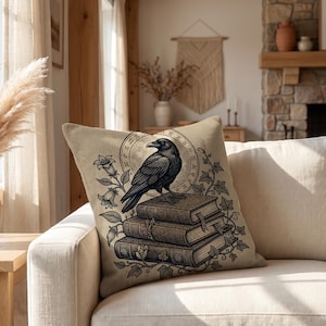 Dark Academia Raven Throw Pillow Cover, Vintage Crow On Stacked Books Cushion Case, Witchy Occult Floral Home Decor, Book Lover Gothic Gift