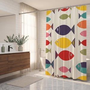 May include: A shower curtain featuring a repeating pattern of stylized fish in various colors including red, yellow, purple, pink, orange, green, and teal against a cream background. The fish are oriented in different directions across the fabric.