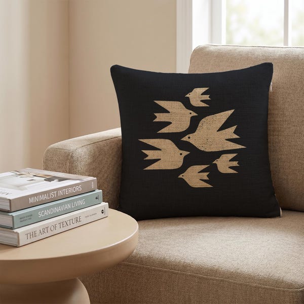 Minimalist Flying Birds Pillow Cover, Abstract Black Beige Pillowcase, Modern Scandinavian Decor, Boho Bird Throw Pillow, Living Room Decor