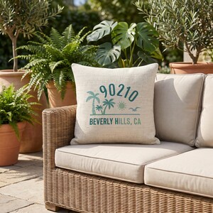 Custom Zip Code Throw Pillow Cover, Retro Coastal Palm Tree Pillowcase,Personalized Trendy West Coast ,Housewarming Gift for Couple Family