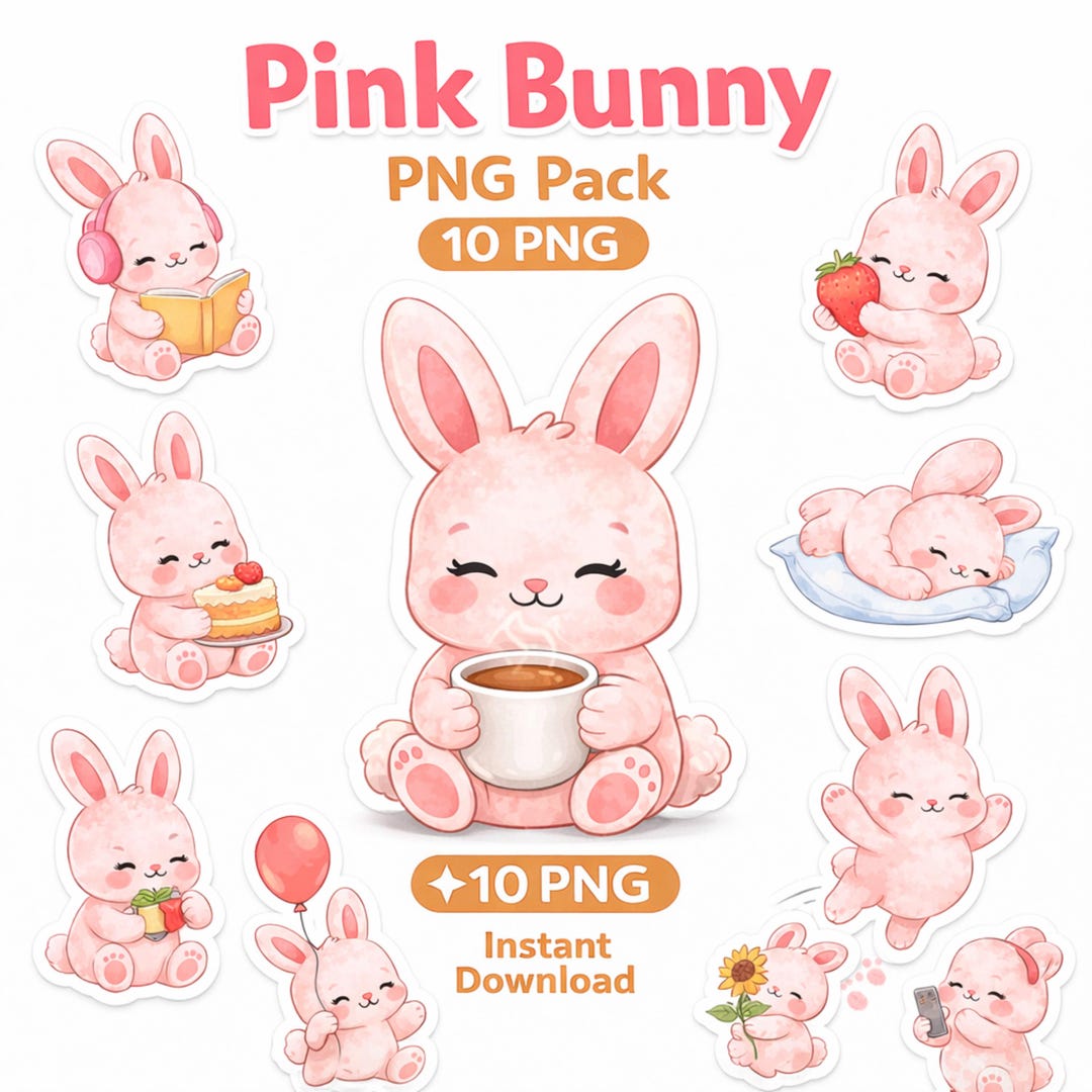 Cute Pink Bunny Stickers PNG Pack, Kawaii Bunny Clipart, 10 PNG ...