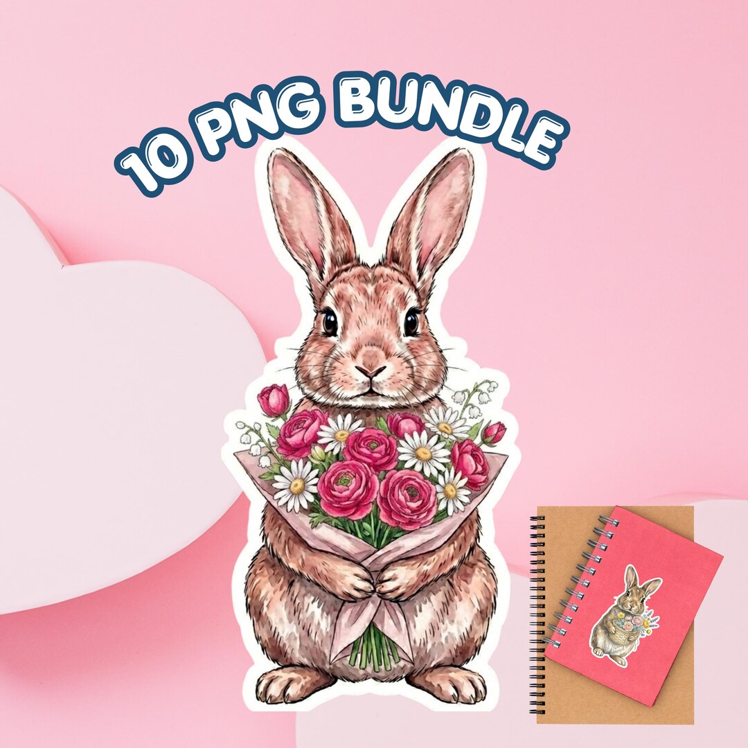Floral Bunny Stickers PNG Bundle, Cute Rabbit Sticker Pack, 10 PNG ...