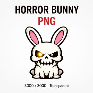 May include: A cartoon illustration of a white bunny with a skull-like face, pink ears, and a single glowing yellow eye. The text "HORROR BUNNY PNG" is displayed above the bunny in black and red.