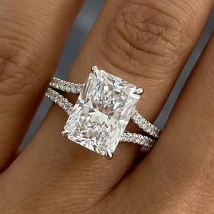 Radiant Cut Moissanite Engagement Ring, Double Band Pave Diamond Ring, 14k Yellow Gold Wedding Ring Set, Large Stacking Ring for Bride