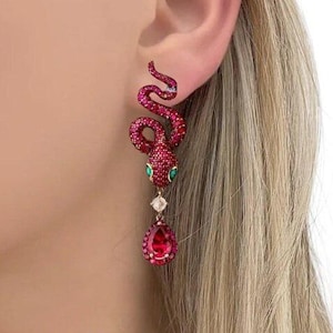 Ruby Snake Earrings, Gothic Serpent Dangle Earrings, Pear Cut Red Ruby Drop Earrings, Emerald Eye Snake Jewelry, Witchy Jewelry Gift for Her