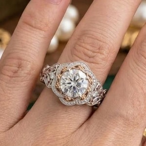 Victorian Style Round Diamond Engagement Ring, Two Tone Rose Gold Scalloped Halo Ring, Filigree Sapphire & Ruby Accented Band, 18k Solid