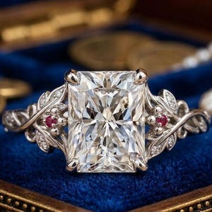 Könnte beinhalten: Ein silberner Ring mit einem großen, rechteckigen, klar geschliffenen Diamanten. Der Ring hat ein florales Design mit Blatt- und Weinreben-Details sowie kleinen roten Edelsteinen. Präsentiert auf einem blauen Samtuntergrund.