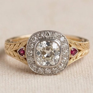 Vintage Cushion Cut Moissanite Engagement Ring, Red Ruby Accent Art Deco Wedding Ring, 14k Solid Yellow Gold Nature Inspired Bridal Ring