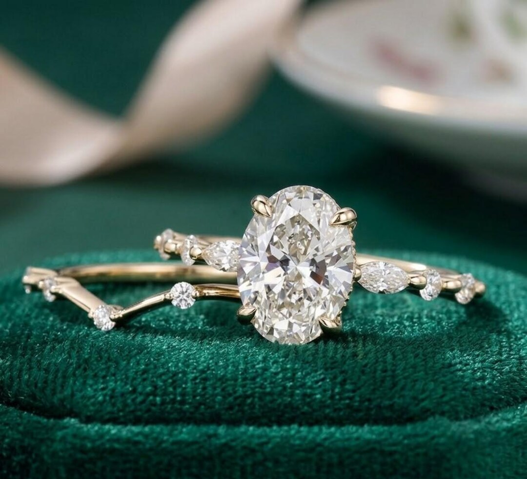 Oval Moissanite Wedding Ring Set Yellow Gold, Nature Inspired Bridal ...
