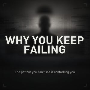 Puede incluir: Gráfico motivacional con el texto "WHY YOU KEEP FAILING" en letras blancas en negrita. Una silueta sombreada de una persona en el fondo. El texto "The pattern you can't see is controlling you" está debajo.
