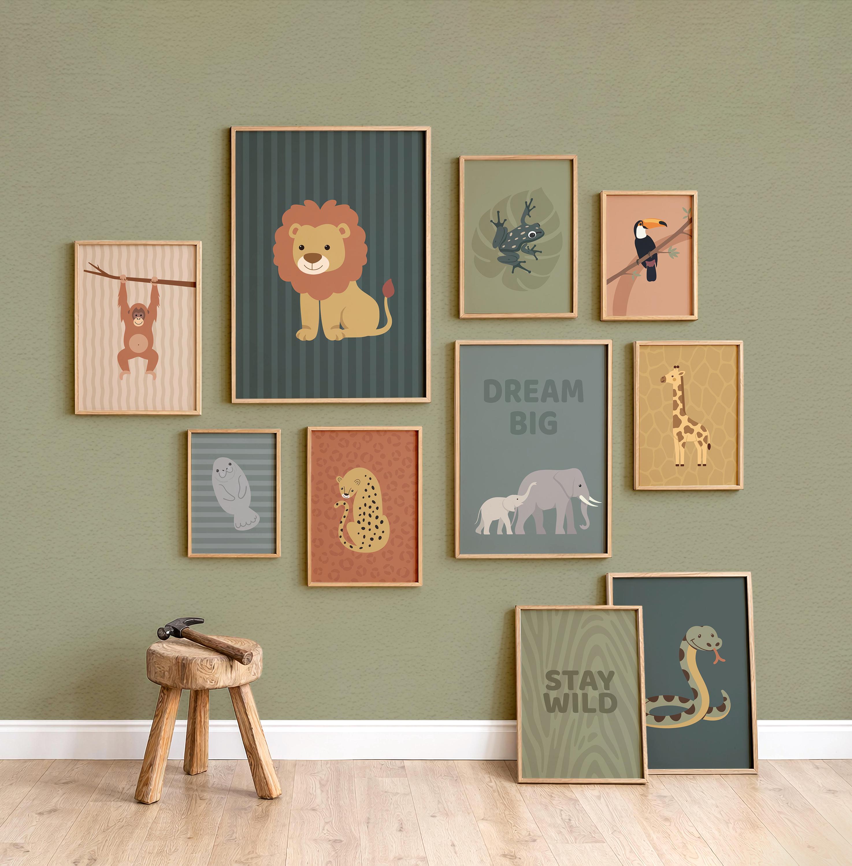 Jungle Animal Prints Set, Safari Nursery Decor, Kids Room Vintage Retro ...