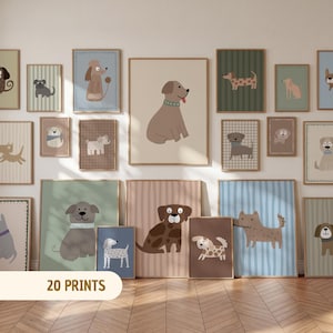Puede incluir: Una colección de 20 láminas de arte mural enmarcadas que presentan varios perros ilustrados en diferentes colores, patrones y poses. Las láminas están dispuestas en una pared de galería, mostrando diversas razas caninas con líneas simples y claras.
