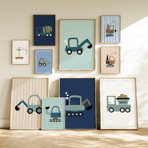 Ensemble de 10 oeuvres d'art murales imprimables de chantier | Véhicules de construction Décoration de chambre d'enfant | de chambre de garçon | Affiches de salle de jeux sur les transports