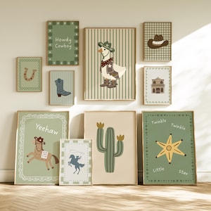 May include: A gallery wall set of ten framed prints featuring sage green and cream tones. Illustrations include a duck in a cowboy hat, a horse, a cactus, a horseshoe, a cowboy boot, a sheriff star with text Twinkle Little Star, and text Howdy Cowboy and Yeehaw.