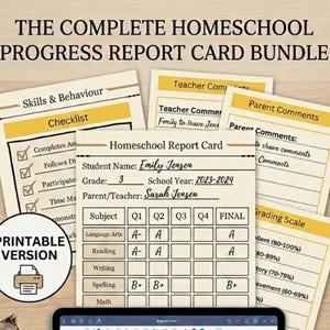 May include: A bundle of printable homeschool progress report cards. The cards include sections for skills and behavior checklists, teacher comments, parent comments, and grading scales. The report card includes the student's name, grade, and school year.
