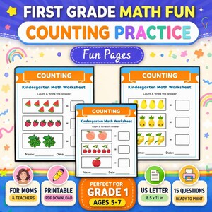1st Grade Fruit Counting Worksheets Printable Grade 1 Math Count and Write Numbers Kids Counting Practice PDF Ages 5-7 | Homeschool Activity