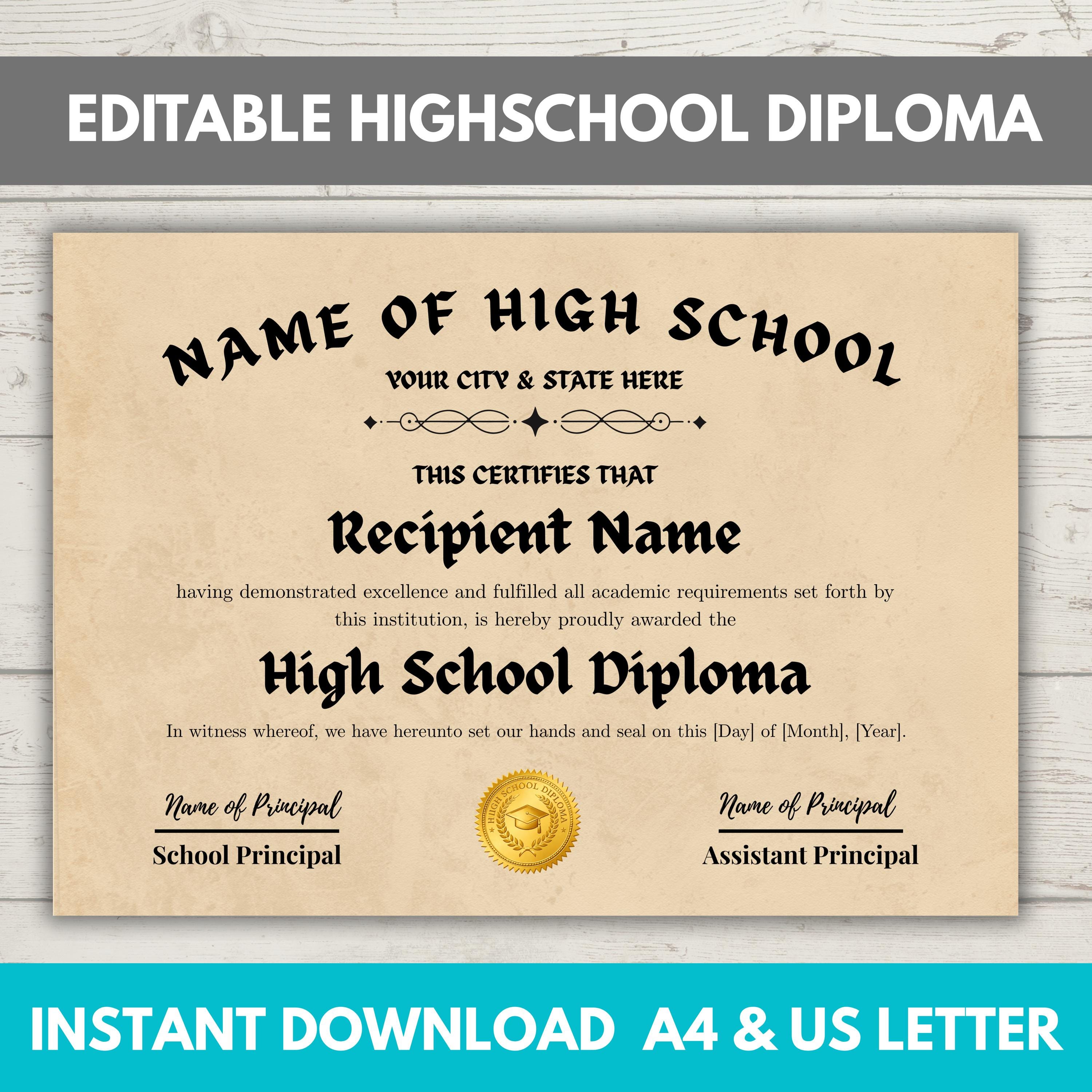 Editable High School Diploma Template, Printable Diploma Replica, Fake ...