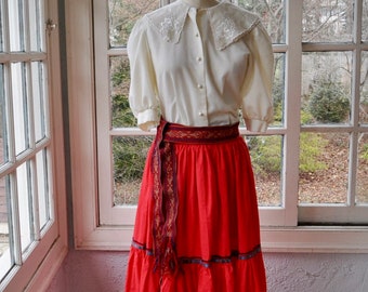 Bright Red Vintage Peasant Skirt/Banana Republic Cotton Fiesta Skirt/Extra Full Tiered Midi Skirt/Medium Small