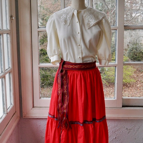 Bright Red Vintage Peasant Skirt/Banana Republic Cotton Fiesta Skirt/Extra Full Tiered Midi Skirt/Medium Small