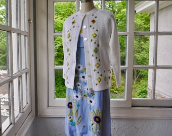 Embroidered Flower Child Dress/Upcycled Vintage 1960/Cornflower Blue Alix of Miami Sun Dress/Floral Embroidery Cardigan Sweater/M